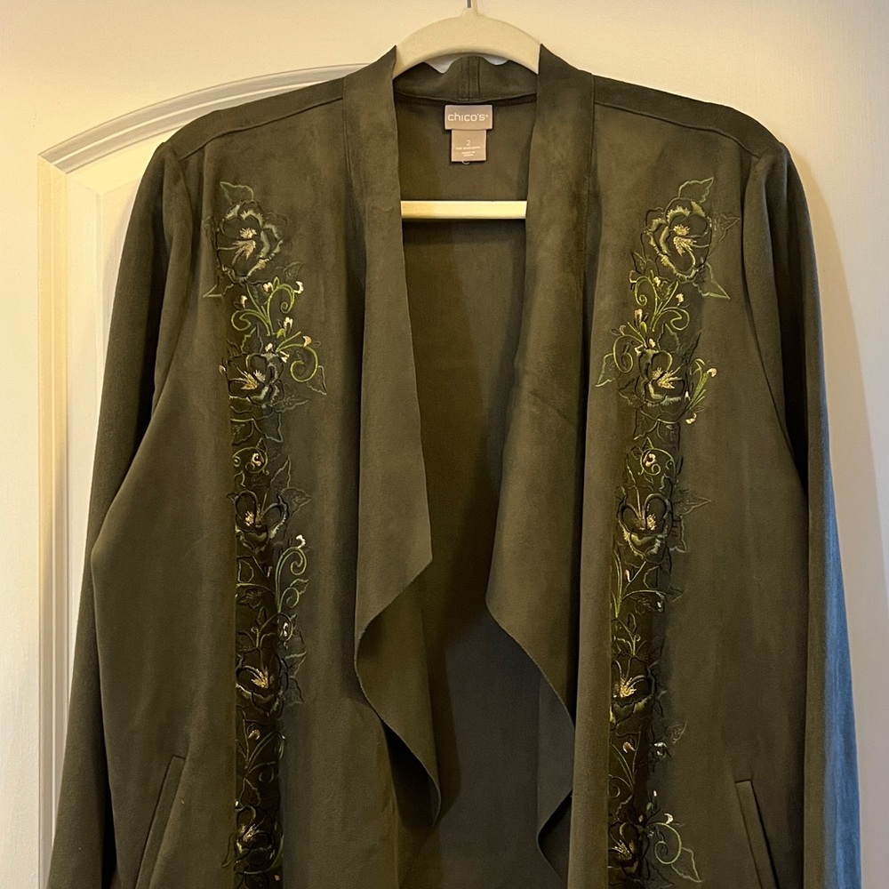 Chico's Olive Embroidered Open Front Blazer